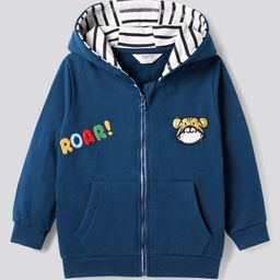 Bonfino 100% Cotton Fleece Knit Full Sleeves Hooded Sweatjacket With Tiger & Text Embroidery & Kangaroo Pockets - Navy Blue-image-40