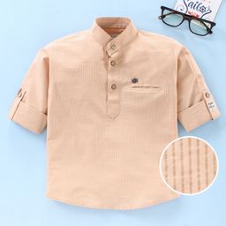 Dapper Dudes Full Sleeves Striped Kurta Style Shirt - Fawn-image-71