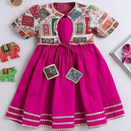 TINY MINY MEE Cotton Woven Mirror Work Embellished Dress With Half Sleeves Damask Embroidered Jacket Set - Magenta-image-1