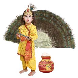 RAJ FANCY DRESSES Woven Janmasthami Theme Full Sleeves Ethnic Motifs Printed Lord Krishna Costume Set - Yellow-image-2
