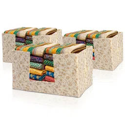 Kuber Industries Cream-Coloured & Brown 3 Pieces Printed Cloth Organisers-86