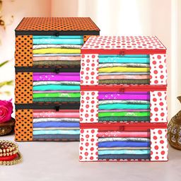Aura Red & Orange Colored 6 Pieces Printed Foldable Saree Cover Organisers-0