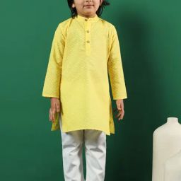 READIPRINT FASHIONS Kids Yellow & White Embroidered Full Sleeves Kurta with Pyjamas-image-82