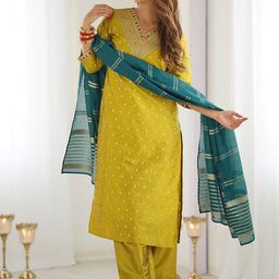 Moda Rapido Floral Embroidered Thread Work Art Silk Straight Kurta & Palazzos And Dupatta-image-89