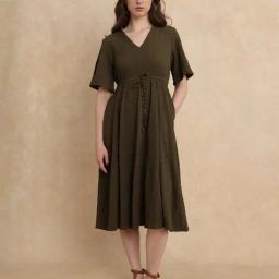 RAREISM Olive Polyester Solid Short Sleeves Dress-image-41