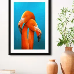 999Store Sky Blue & Orange MDF Love Flamingo Birds Printed Paper Wall Painting - Set of 1-10