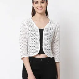 Style Quotient Women White cotton self design lace crop open front shrug-18