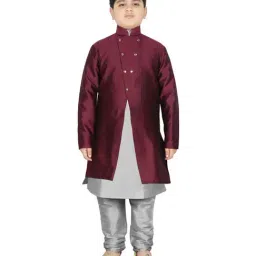 SG Yuvraj Kids Wine & Grey Textured Pattern Full Sleeves Kurta Set-image-45