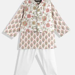 READIPRINT FASHIONS Kids Cream & White Floral Print Full Sleeves Kurta, Nehru Jacket with Pyjamas-image-89