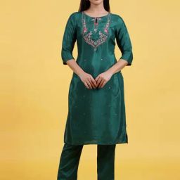 W Green Viscose Embroidered Three Quarter Sleeves Kurta-image-96