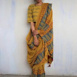 Chidiyaa Mustard Block Printed God Saree image 1