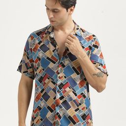 Blu MNKY Men Smart Fit Geometric Printed Cuban Collar Casual Shirt-image-96