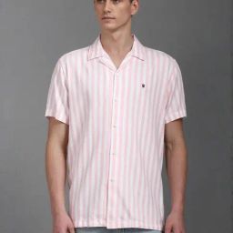 Louis Philippe Pink & White Slim Fit Striped Shirt-image-22