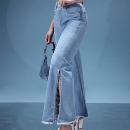 bebe Women Denim Daze Beaded High-Rise Wide Leg Jeans with High Slits-image-57