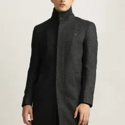 Iconic Black Regular Fit Checks Overcoat-image-31