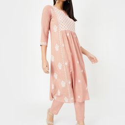 max Floral Embroidered Notch Neck Thread Work A-Line Kurta With Trousers-image-69
