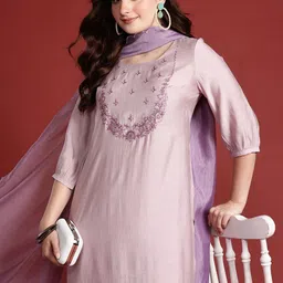 Anouk Floral Yoke Design Thread Work Detail Straight Kurta with Trousers & Dupatta-picture-4