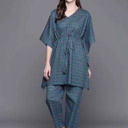 Libas Blue Cotton Printed Kaftan & Pyjama Set-image-48