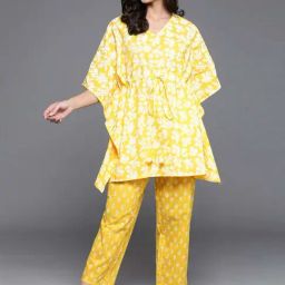 Libas Yellow Cotton Printed Kaftan & Pyjama Set-image-18