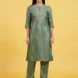 W Green Viscose Embroidered Three Quarter Sleeves Kurta-image-39