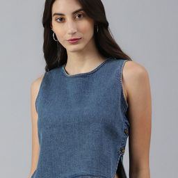 Xpose Women Blue Denim High-Low Styled Pure Cotton Crop Top-picture-40