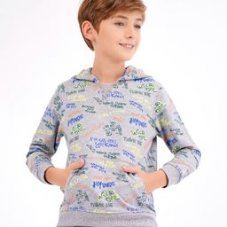 Primo Gino Full Sleeves Hooded Sweatshirt With All Over Print - Grey Melange-image-27
