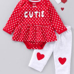 Babyhug Cotton Full Sleeves Onesie with Full Length Leggings Hearts & Text Print- Red & White-image-57