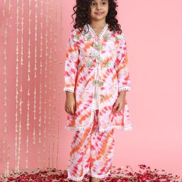 READIPRINT Three Fourth Sleeves  Tie Dye Styled And Gota Flower Embellished Kurta And Palazzo  - Pink-picture-6