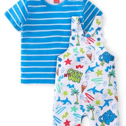 Babyhug Single Jersey Knit Beach Theme Dungaree with Striped Half Sleeves T-Shirt - Blue-image-82