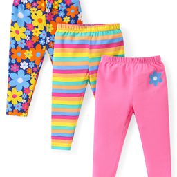 Babyhug Cotton Knit  Full Length  Leggings with Striped and Floral Print Pack of 3 - Multicolour-image-37