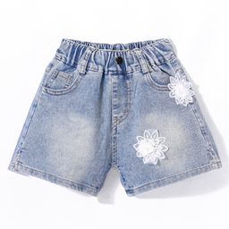 Kookie Kids Denim Shorts with Floral Applique - Blue-image-62
