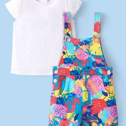 Babyhug Cotton Knit Half Sleeves T-Shirt & Dungaree Set with Tropical Theme - Multicolour-image-59