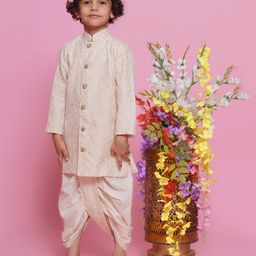 Little Bansi Cotton Full Sleeves Dull Gold Ambi Embroidered Kurta With Dhoti - Royal Cream-image-84
