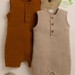 Cot & Candy Pack of 2 Organic Cotton Sleeveless Solid Rompers - Ginger & Latte-picture-28
