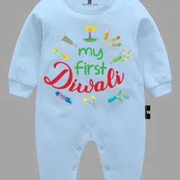 The Peppy Tend Diwali Theme 100% Cotton Full Sleeves My First Diwali Text Printed Romper - Blue-picture-13