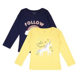Plum Tree Pack Of 2 Cotton Full Sleeves Unicorn & Rainbow Glitter Printed Tees - Navy Blue & Yellow-picture-35