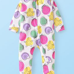 Babyhug Cotton Knit Full Sleeves Footed Sleepsuit with Sea Life Print - White-image-19
