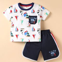 ToffyHouse Knitted Half Sleeves T-Shirt & Shorts Set with Nautical Theme Print - Navy Blue & White-image-7