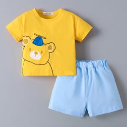Mark & Mia Cotton Short Sleeves T-Shirts & Shorts with Teddy Print - Yellow & Light Blue-image-54