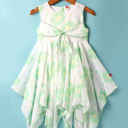 Dew Drops Chiffon Woven Sleeveless Frock With Floral Print & Handkerchief Hem - Light Green-image-4
