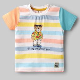 ToffyHouse Single Jersey Knit Half Sleeves T-Shirt With Stripes & Teddy Print - White & Light Blue-picture-18