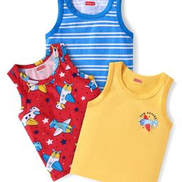Babyhug 100% Cotton Knit Sleeveless Striped Sando with Airplane Print Pack of 3 - Red Yellow & Blue-image-70