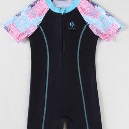 Pine Kids Half Raglan Sleeves Legged Swimsuit With Leaf Print - Black-image-93
