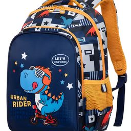 SchoolishDino Theme School Bag for Boys and Girls, Zippered /padded and Adjustable Shoulder Strap, Lightweight Children's Travel Bag- Pack of 1- Multicolor- 14 Inch-27