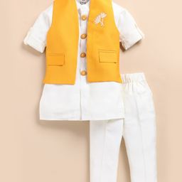 LITTLE COLLARS Cotton Silk Full Sleeves Solid Kurta Pyjama With Floral Designed Nehru Jacket Set - Mustard-image-4