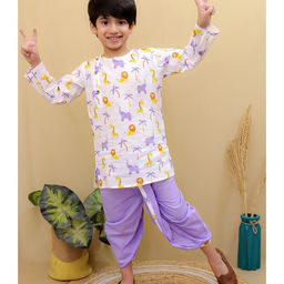 Superminis Cotton Full Sleeves Animals Printed Dhoti Kurta Set - Purple & White-image-36