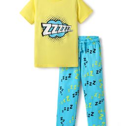 Pine Kids Single Jersey Knit Half Sleeves Co-Ord Night Suit with Text Zzzzz Text Print - Yellow & Light Blue-image-82