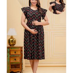 CeleBravo Rayon Flutter Sleeves Floral Printed Maternity Dress With Nursing Access - Black-image-25