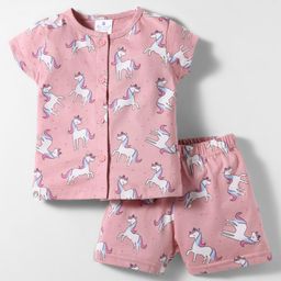 First Smile Sinker Knit Half Sleeves Shorts Co-Ord Night Suit With Unicorn Print - Pink-image-25