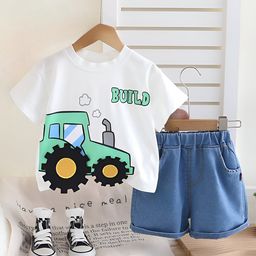 Googo Gaaga Cotton Half Sleeves Tractor Printed Tee & Shorts Set - White-image-52